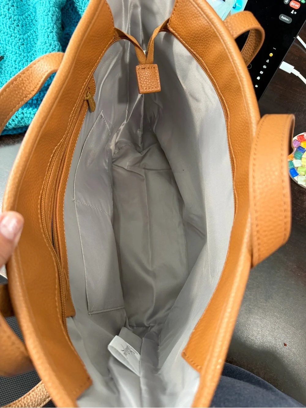 thirty-one Navy Geometric Tote with Tan Trim